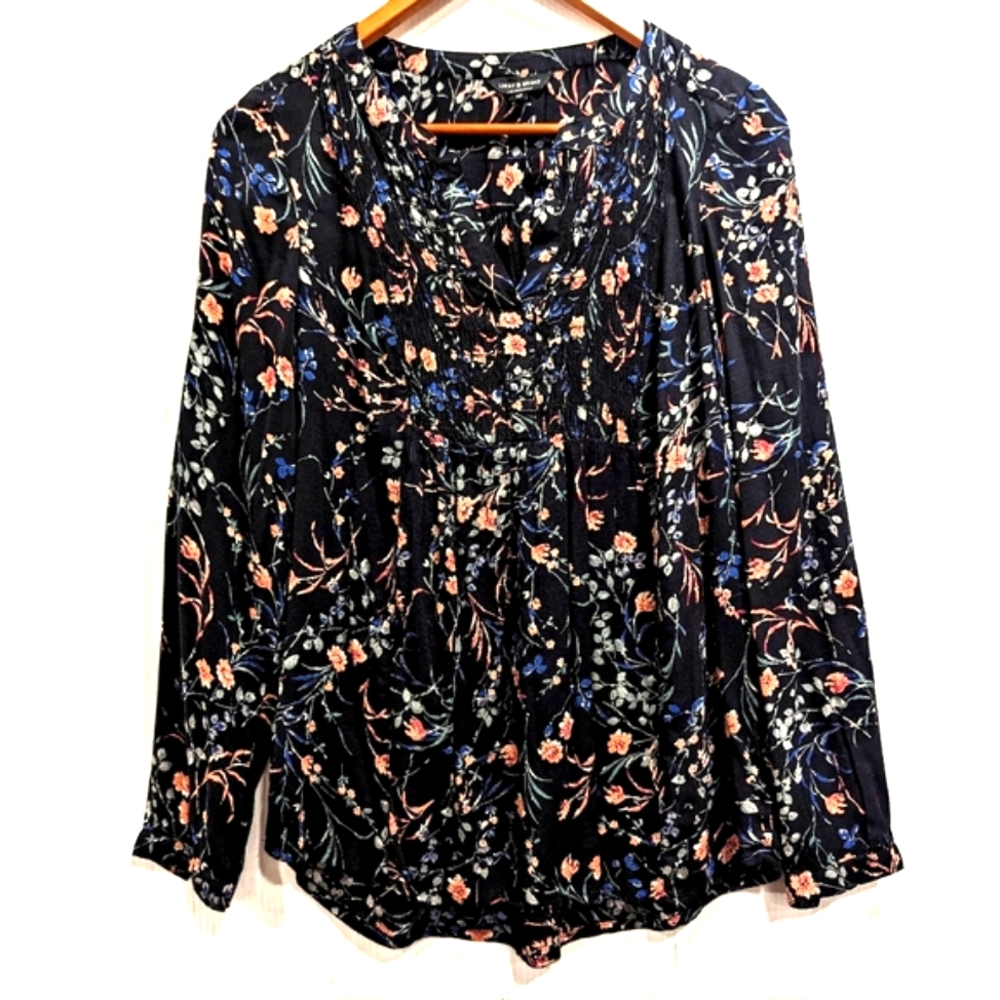 LUCKY BRAND women's popover smocked black floral printed blouse